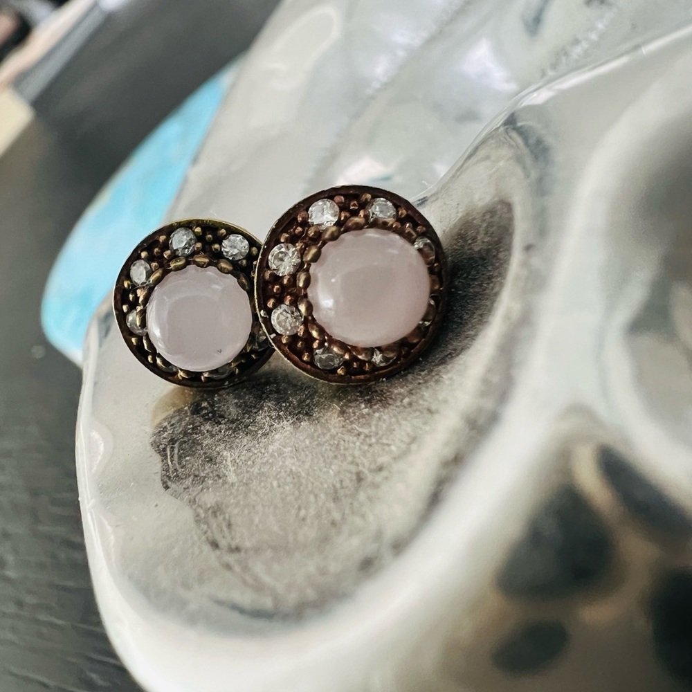 Gold-Tone Rose Quartz Stone Halo Stud Earrings with Sterling Silver - Picture 2 of 5